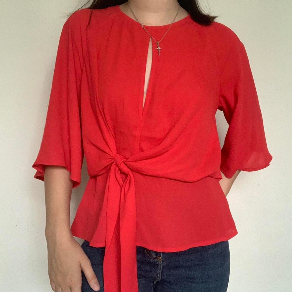 Express Women’s Red Bell Sleeve Tie Front Blouse